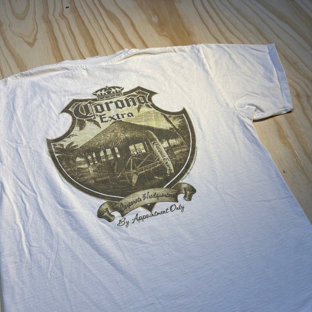 Corona Extra Men's Graphic Tee White Beach Surf Corporate Headquarters Size L